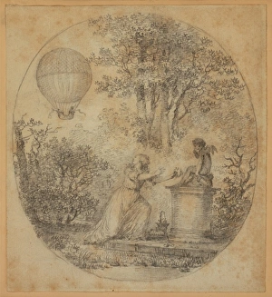Young woman putting flowers on statue of Cupid looks over he Young woman putting flowers on statue of Cupid looks over he