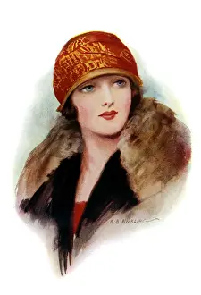 Stole Prints: Young woman in red and gold cloche hat