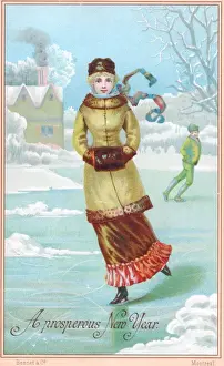 Young woman skating on a New Year card