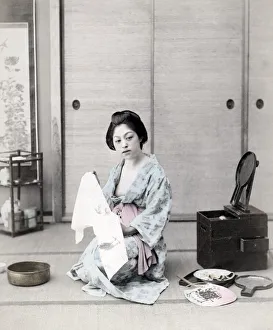 Young woman washing and dressing, Japan, c. 1880 s