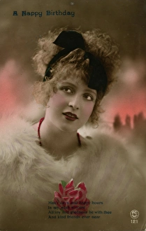 Lip Stick Gallery: Young woman in white fur on a birthday postcard