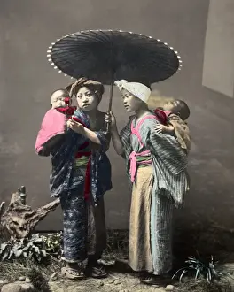 Young women carrying babies, Japan