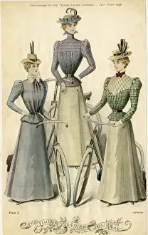 Bicycling Prints: Three young women in cycling fashions