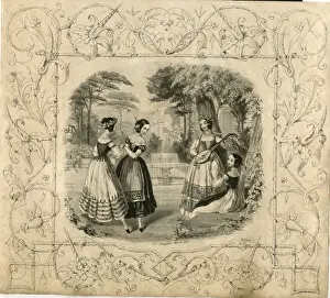 Mandolin Prints: Young women dancing near a fountain