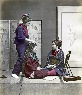 Young women doing their hair, Japan, circa 1880s