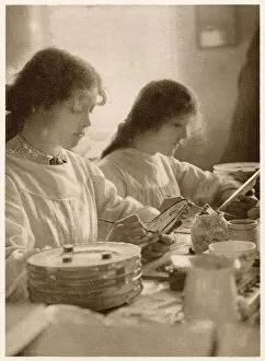 Images Dated 7th June 2021: Young women painting plates, this would of been done in several stages. Date: 1913