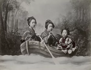 Tableau Collection: Young women in a rowing boat, studio scene tableau