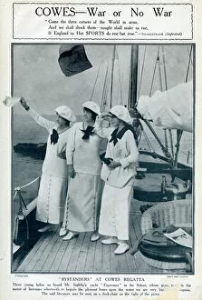 Three young women on a yacht at Cowes, Isle of Wight