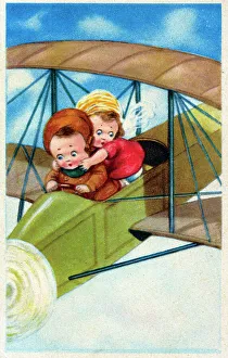 Peril Prints: Two youngsters unwisely piloting a biplane