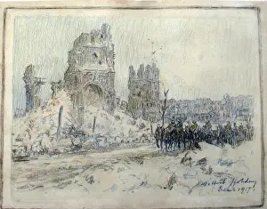 Convoy Prints: Ypres - Artillery convoy on road passing St Martins Church