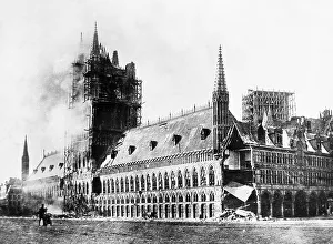 Ypres Belgium Cloth Hall on fire