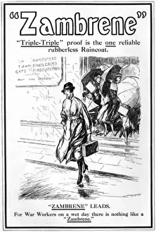 Weatherproof Prints: Zambrene raincoat advertisement, WW1