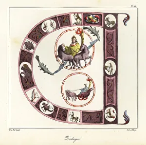 Occult Prints: Zodiac within an illuminated initial D from the Vivian Bible, 84