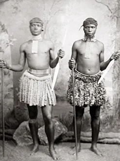Zulu warriors with weapons, South Africa, c. 1890